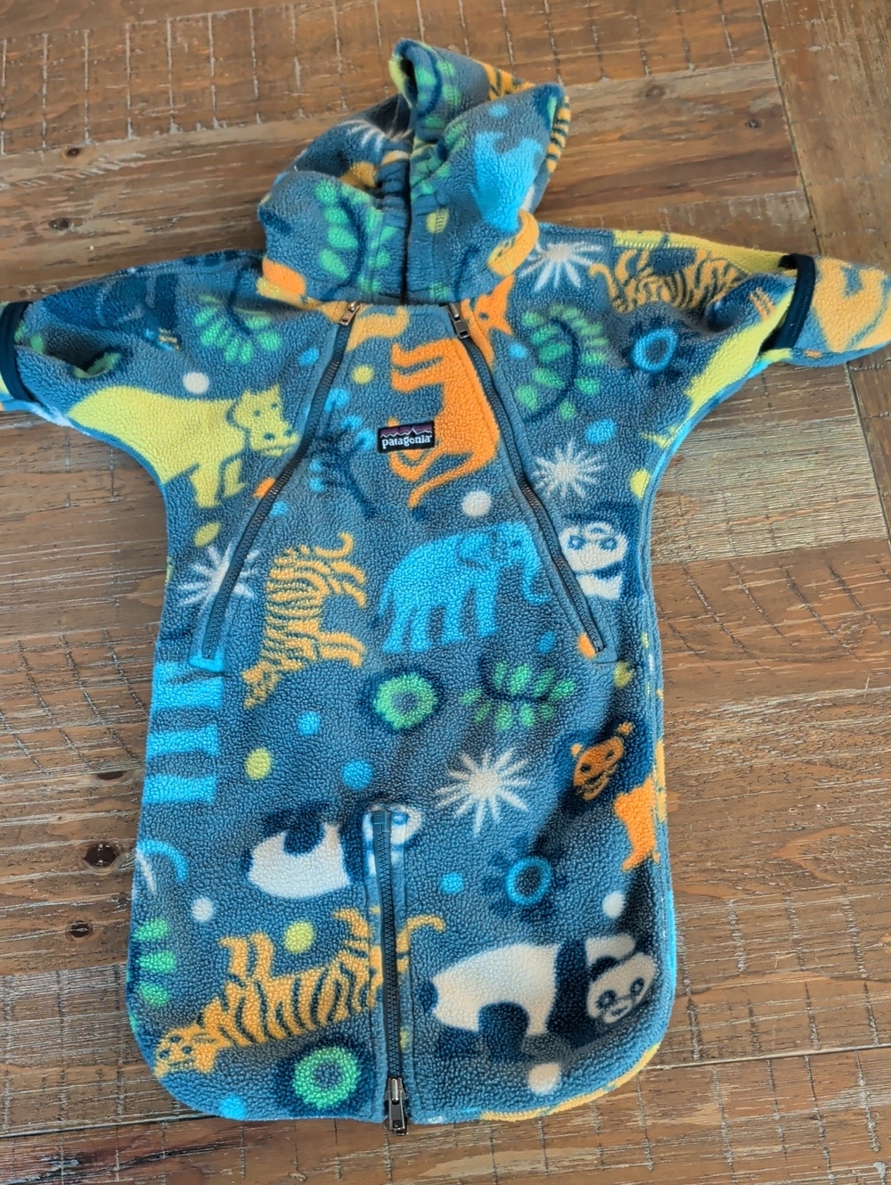 Patagonia Kids Fleece Bunting in Blue with Multicolor Animal Print